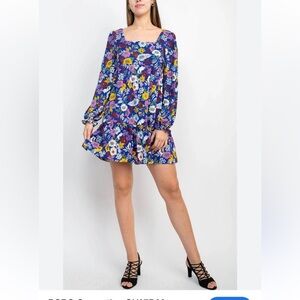 BCBGeneration vibrant Floral bubble Sleeve mini Dress flowy square neck / back 6